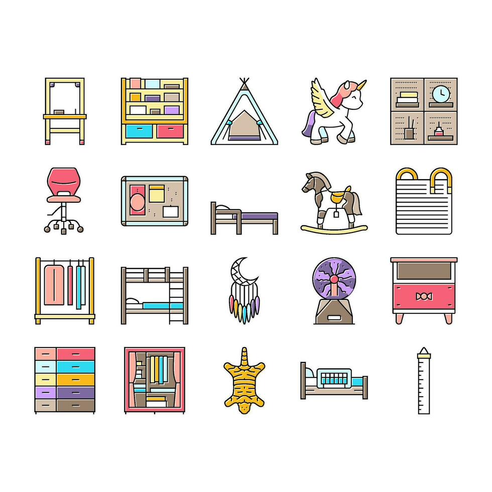 kid bedroom room interior icons set vector