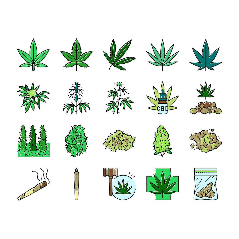 cannabis plant leaf weed hemp icons set vector