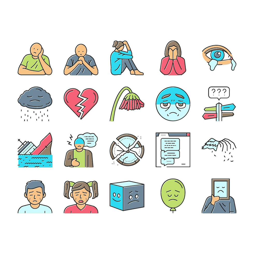 sad mood emotion face icons set vector