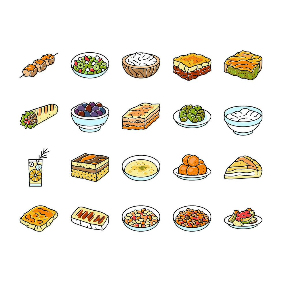 greek cuisine food lunch icons set vector