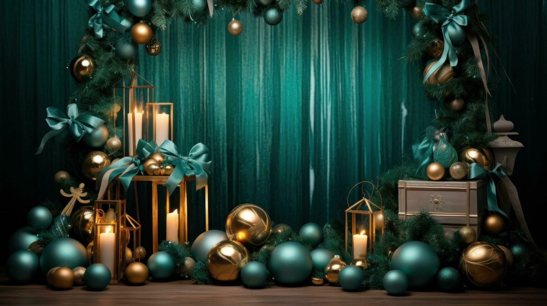 AI generated hristmas decorations with bows and balls on a green background photo