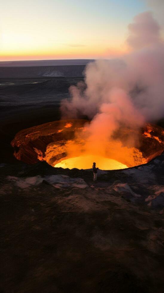 ai generado obtener arriba cerca y personal con un activo volcán como usted mirar abajo dentro sus latente cráter foto