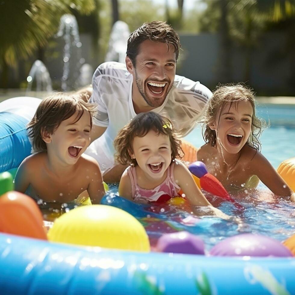 AI generated happy family enjoying a day in pool, with kids playing on inflatables and parents lounging nearby photo