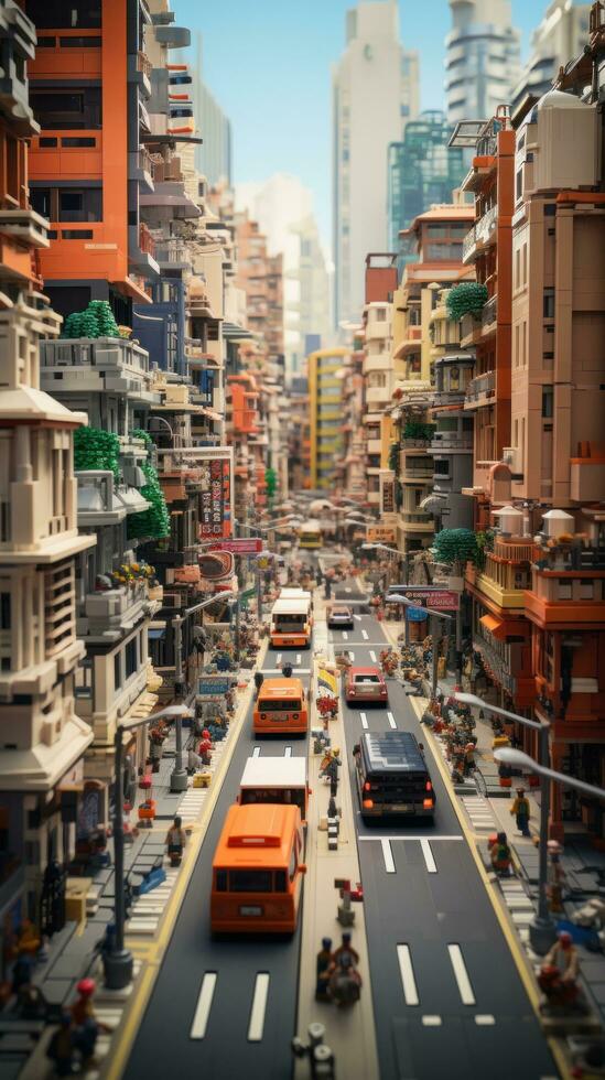 AI generated bustling urban center, featuring towering skyscrapers and bustling streets photo