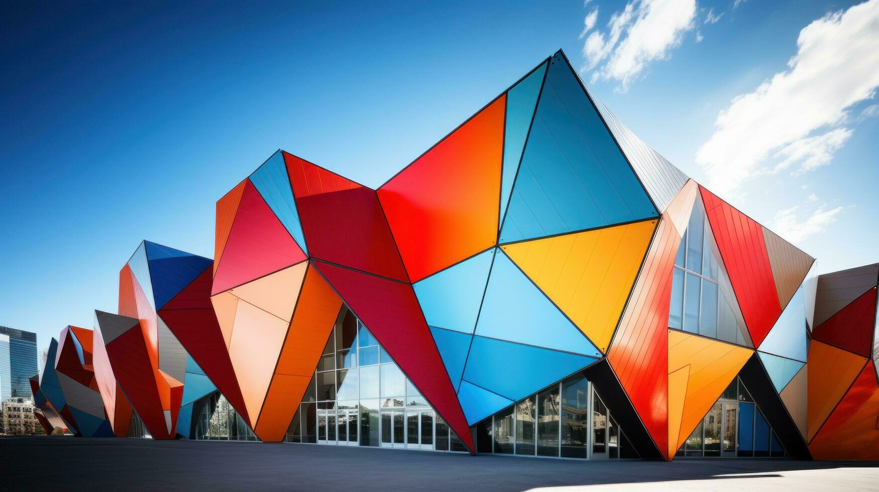 AI generated geometrically designed building with sharp angles and vibrant colors, photo