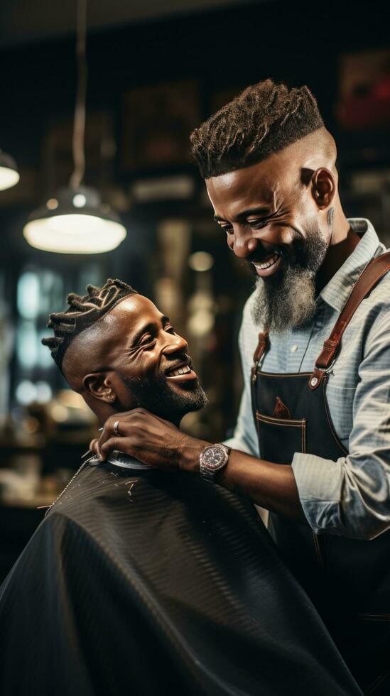 AI generated barber trimming a client's hair with electric clippers, capturing the movement photo