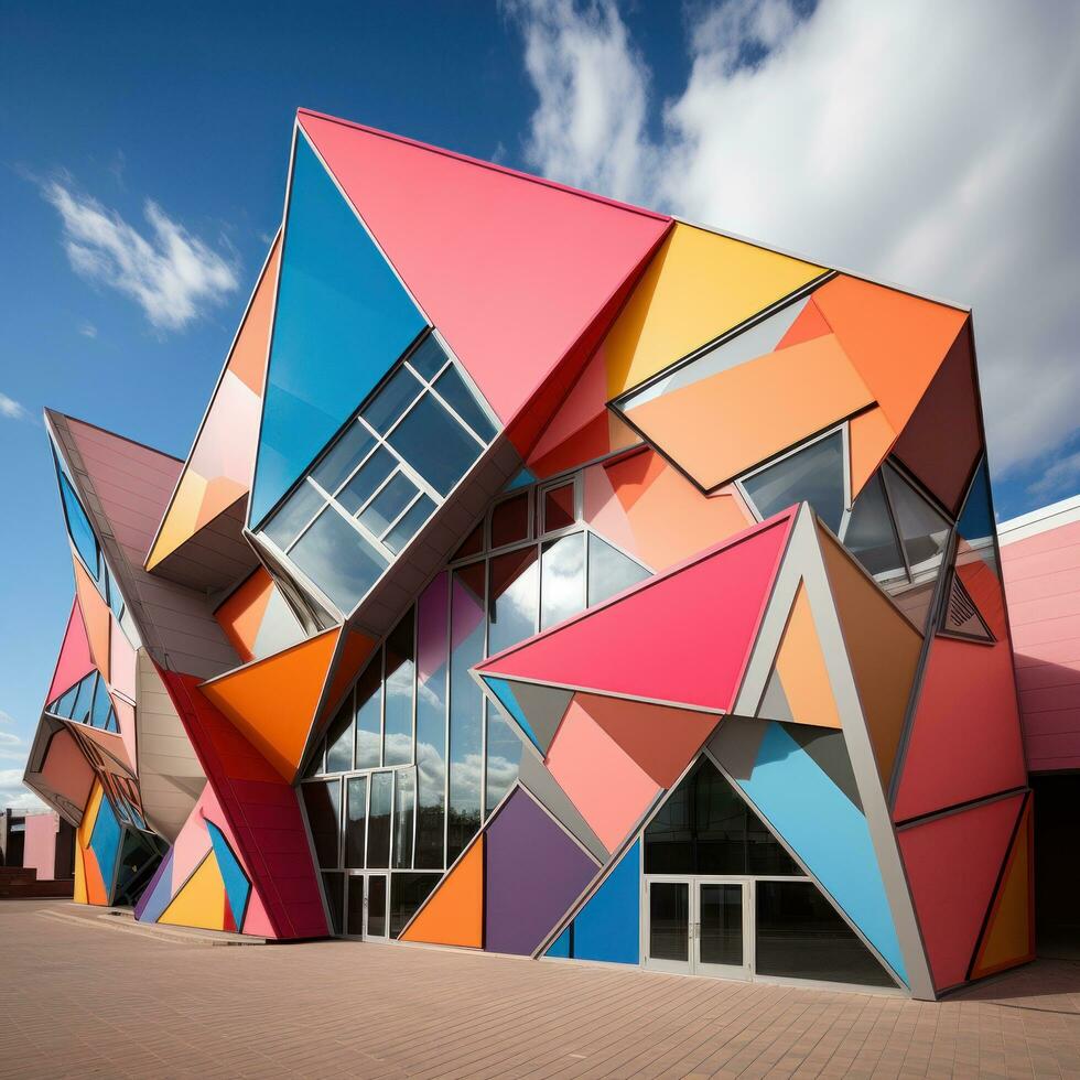 AI generated geometrically designed building with sharp angles and vibrant colors, photo
