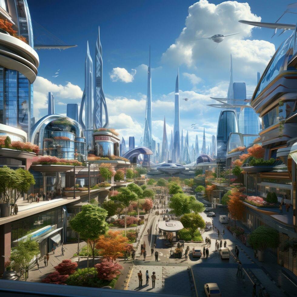 AI generated bustling urban center, featuring towering skyscrapers and bustling streets photo