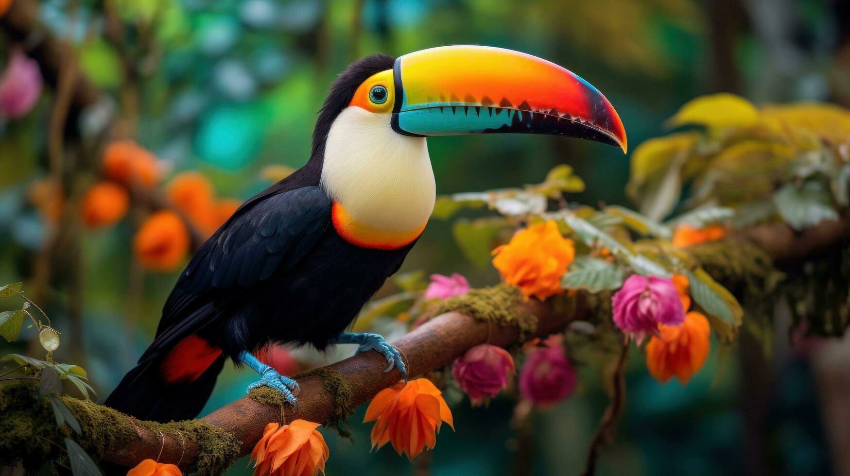 AI generated An exotic toucan perched on a tree branch, its vibrant orange and yellow beak contrasting against photo