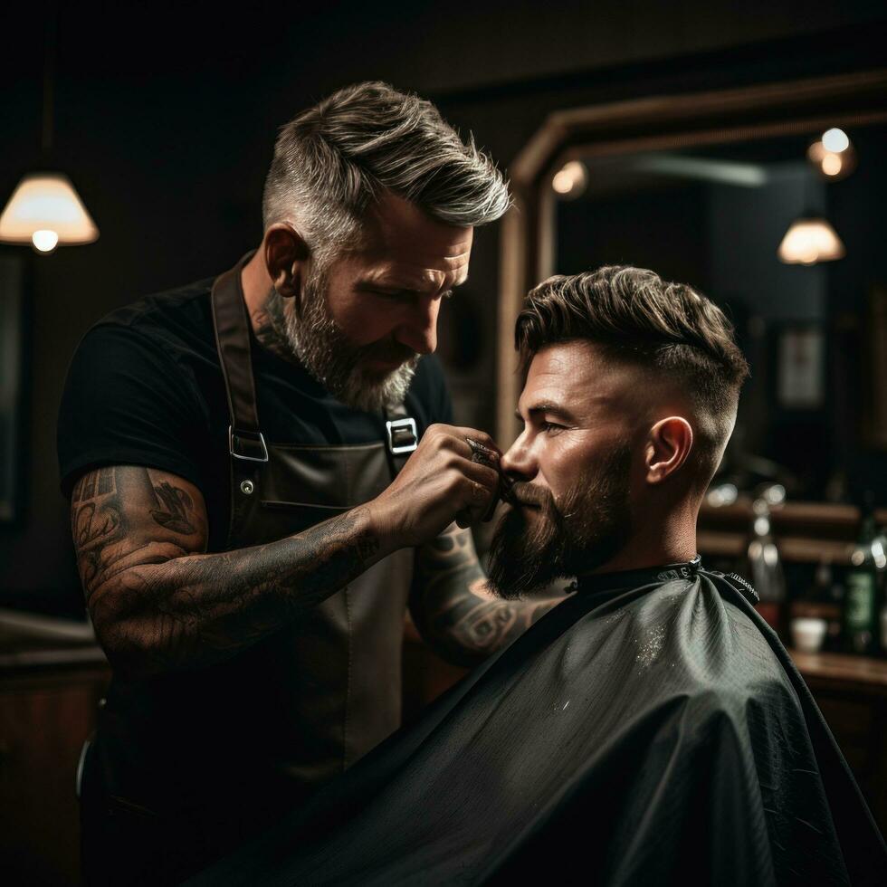 ai generado Barbero guarnición un clientela pelo con eléctrico tijeras, capturar el movimiento foto