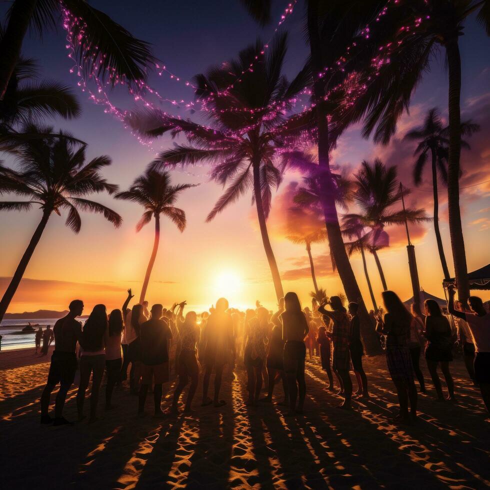 AI generated a beach party with palm trees and light bulb garlands framing the scene photo