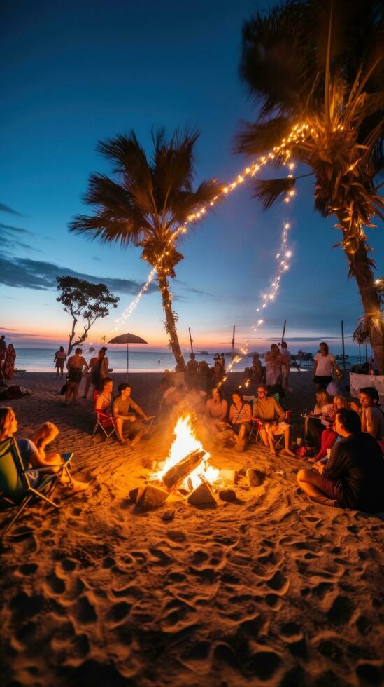 AI generated a beach party with palm trees and light bulb garlands framing the scene photo