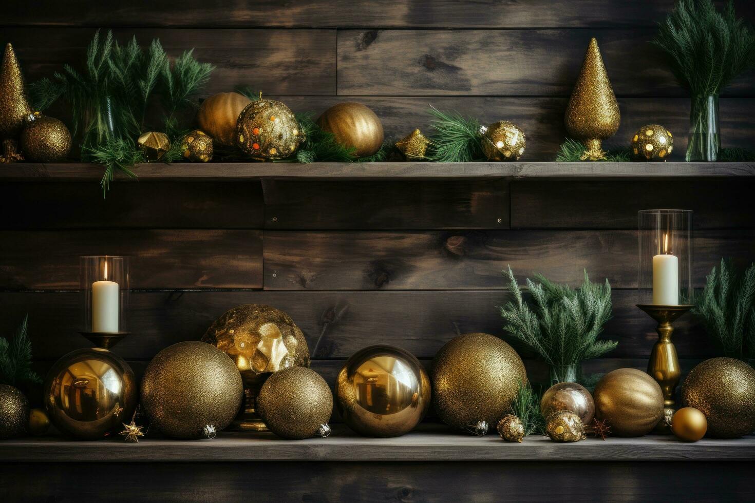 AI generated A warm and inviting Christmas setup with golden ornaments, greenery, and a rustic wood background photo