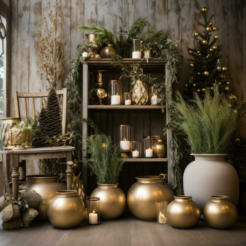 AI generated A warm and inviting Christmas setup with golden ornaments, greenery, and a rustic wood background photo