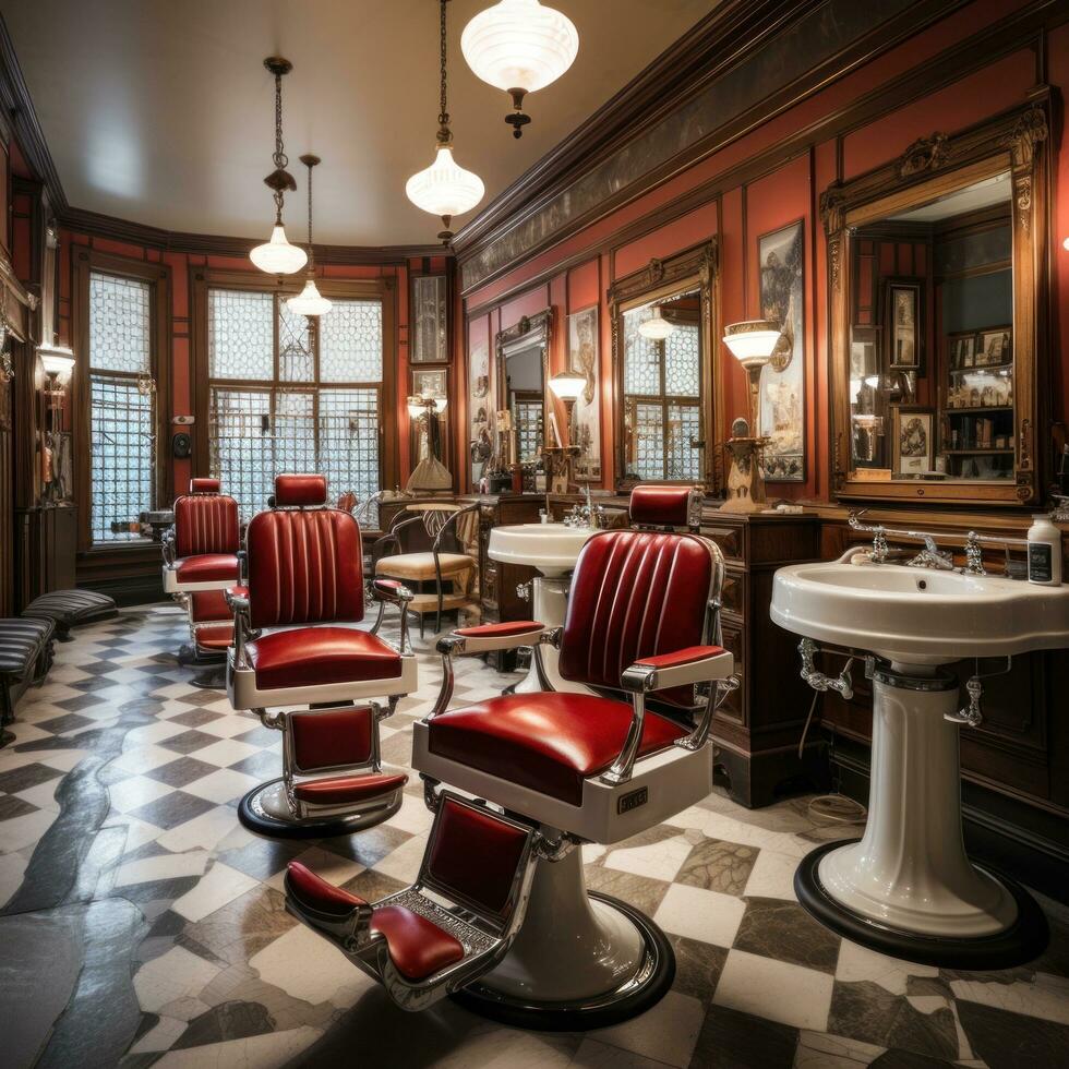 AI generated a vintage barber shop, complete with classic red and white barber pole, leather chairs photo