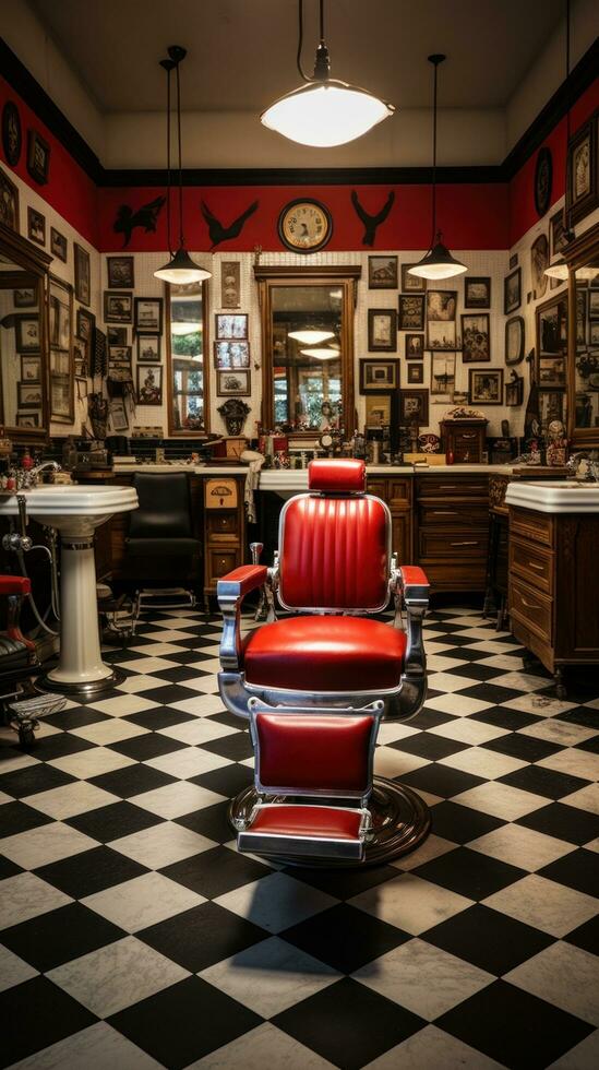 AI generated a vintage barber shop, complete with classic red and white barber pole, leather chairs photo