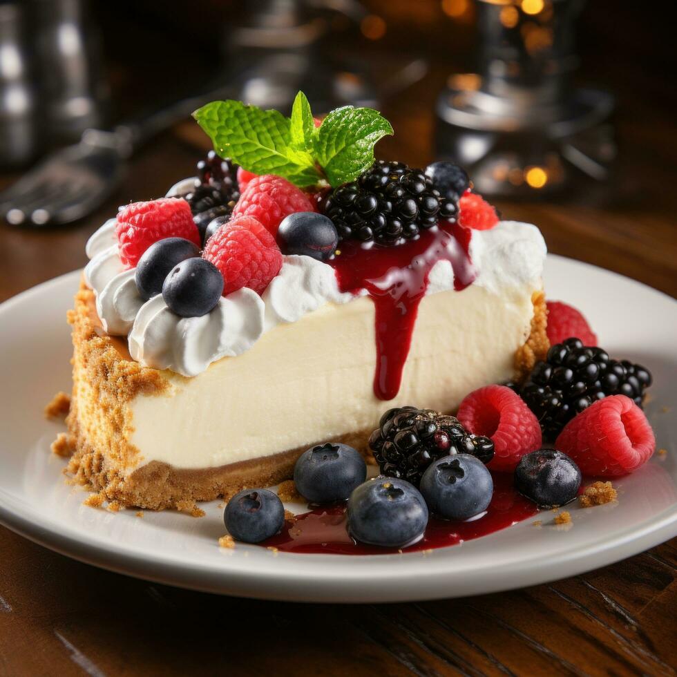 AI generated still life of a rustic fruit tart, with a crumbly almond crust and a colorful arrangement of berries photo