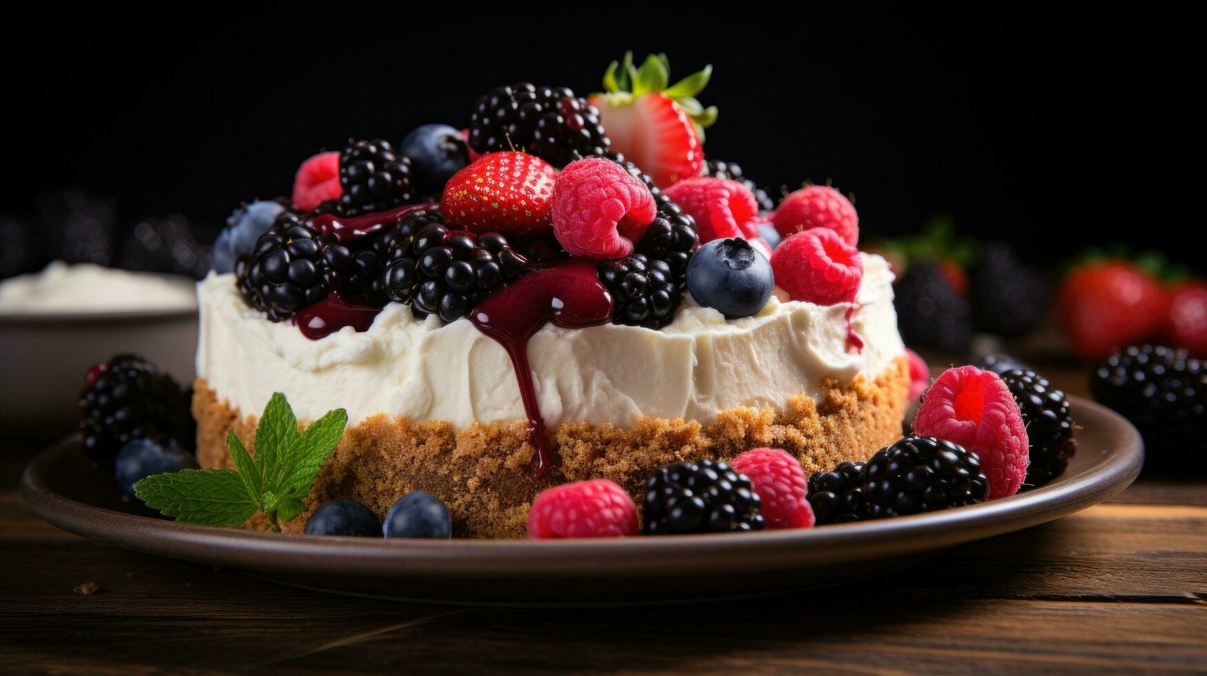 AI generated still life of a rustic fruit tart, with a crumbly almond crust and a colorful arrangement of berries photo