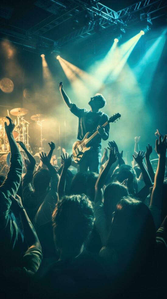 AI generated live band playing on stage in a dimly lit nightclub, with a sea of enthusiastic fans jumping photo