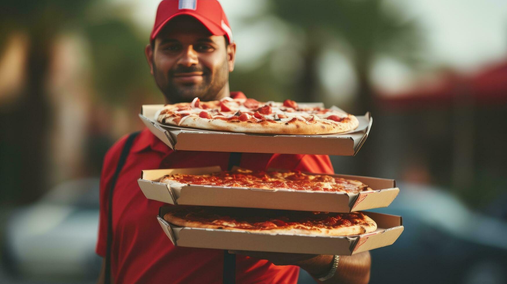 AI generated pizza delivery person carrying a stack of pizza boxes photo