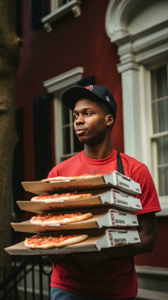 AI generated pizza delivery person carrying a stack of pizza boxes photo