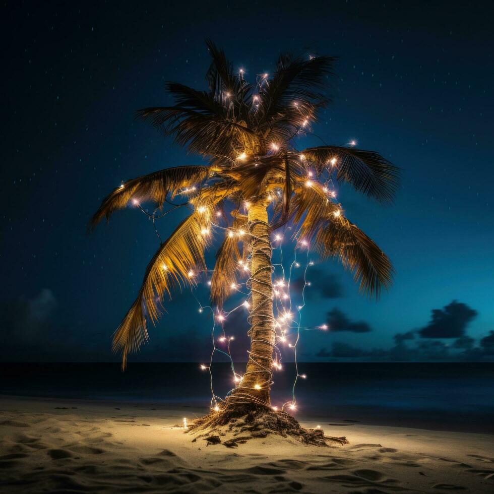 AI generated A single palm tree on a beach, wrapped in a string of light bulb garlands. photo