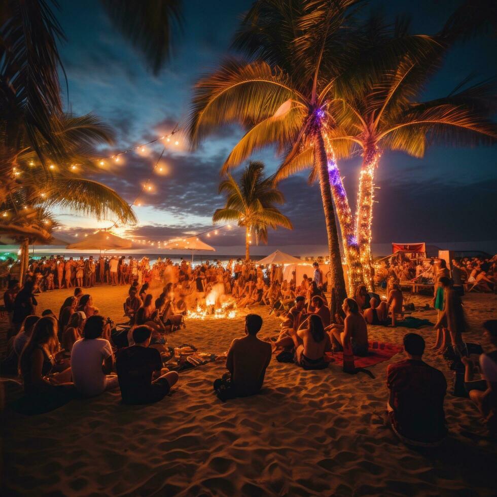 ai generado arenoso playa a noche con un hoguera, rodeado por personas bailando y socializando foto