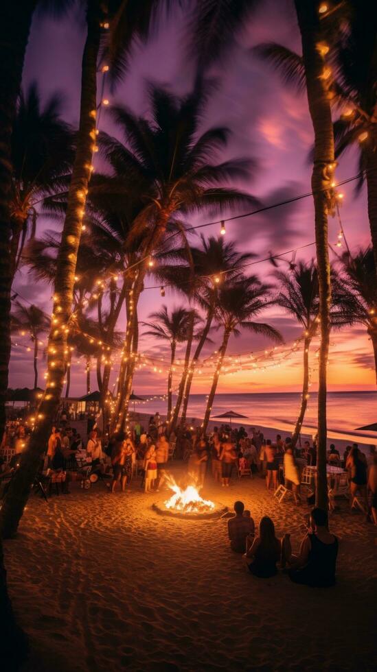 AI generated sandy beach at night with a bonfire, surrounded by people dancing and socializing photo