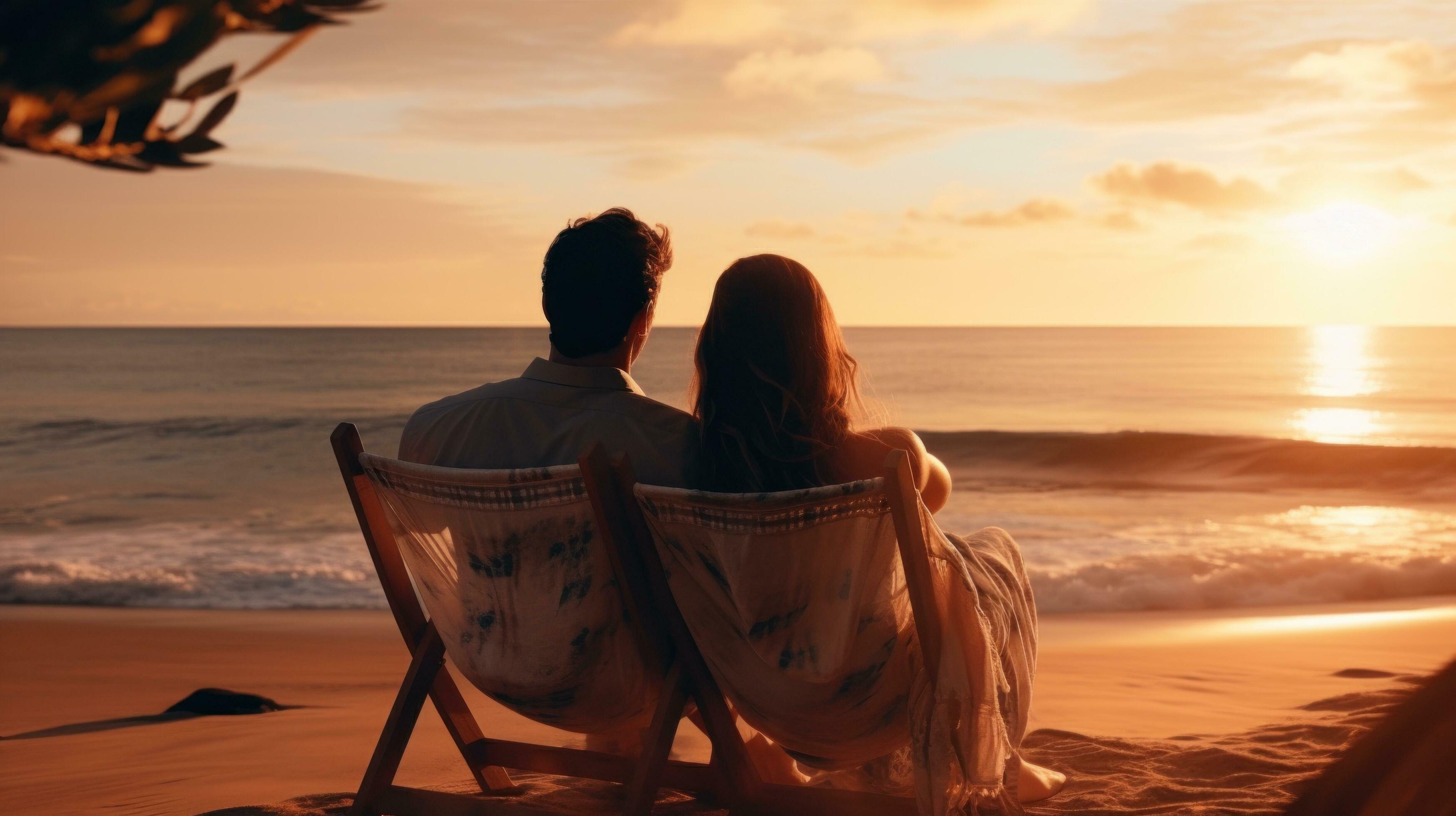 AI generated A romantic scene of a couple cuddling on a beach chair