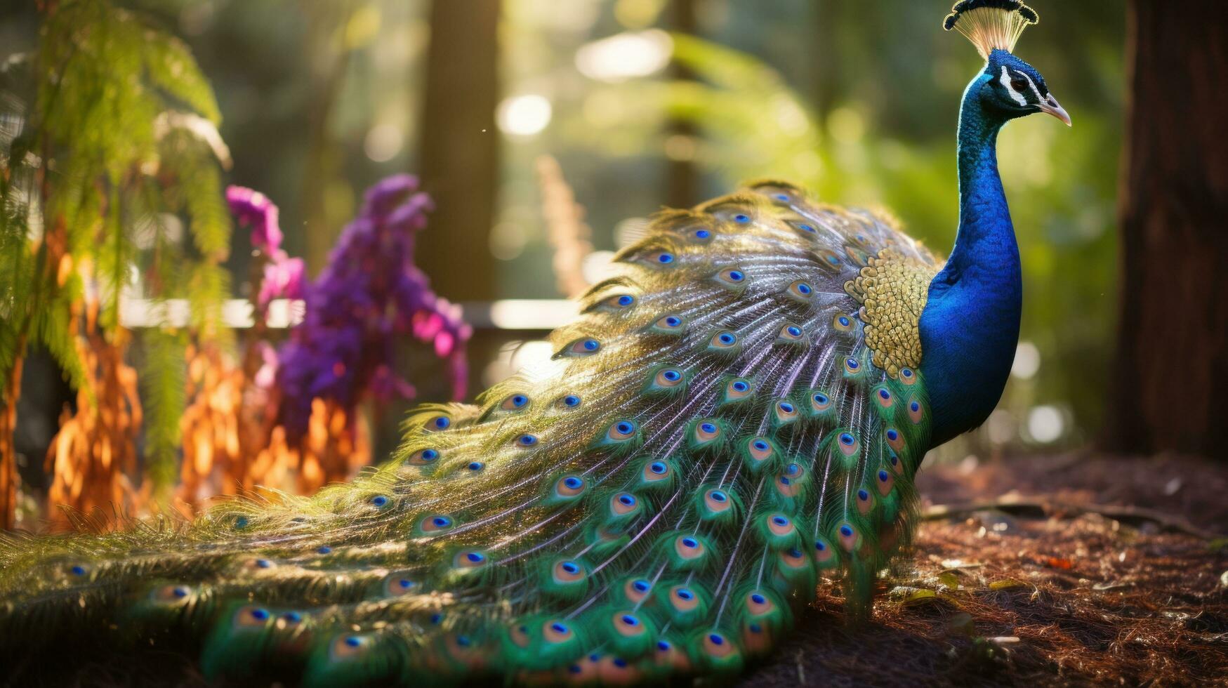 AI generated A regal peacock strutting through the forest, its iridescent feathers shimmering in the sunlight photo