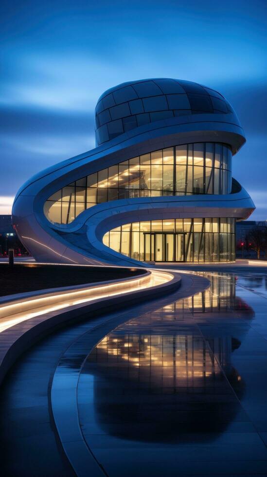 AI generated a futuristic building with a curved facade and sleek glass exterior photo