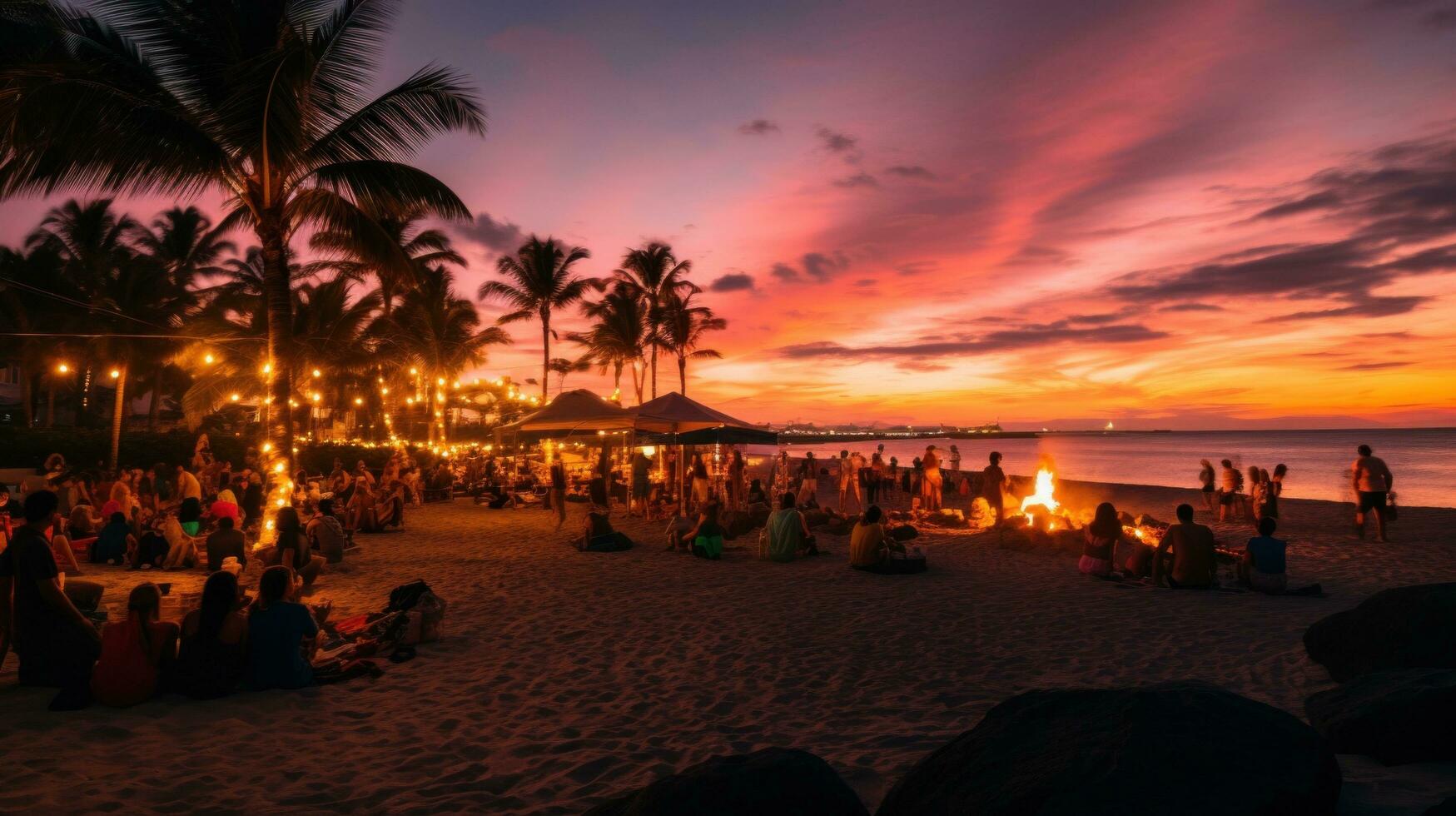 AI generated sandy beach at night with a bonfire, surrounded by people dancing and socializing photo