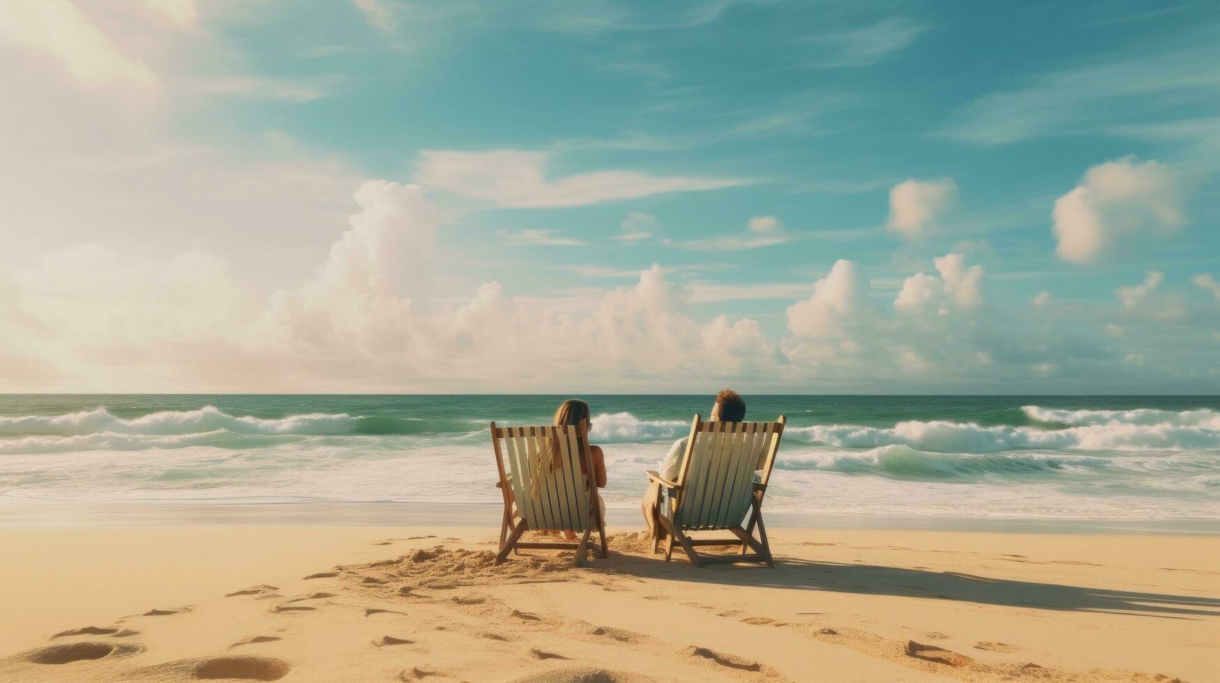 ai generado un romántico escena de un Pareja acurrucarse en un playa silla mientras acecho el olas foto