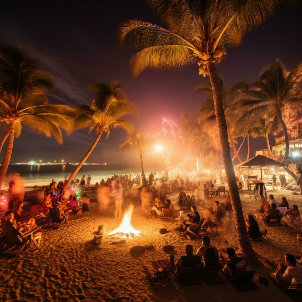 AI generated sandy beach at night with a bonfire, surrounded by people dancing and socializing photo