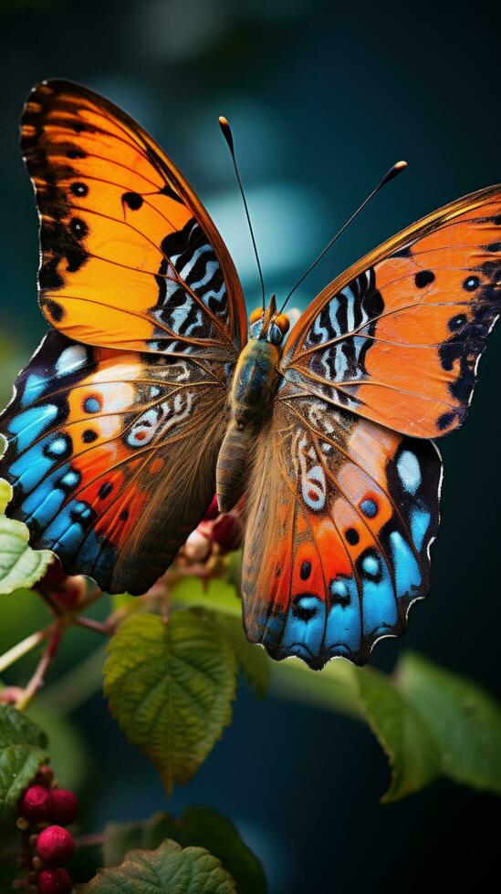 AI generated A butterfly perched on a leaf, its delicate wings showcasing intricate patterns and vibrant colors photo