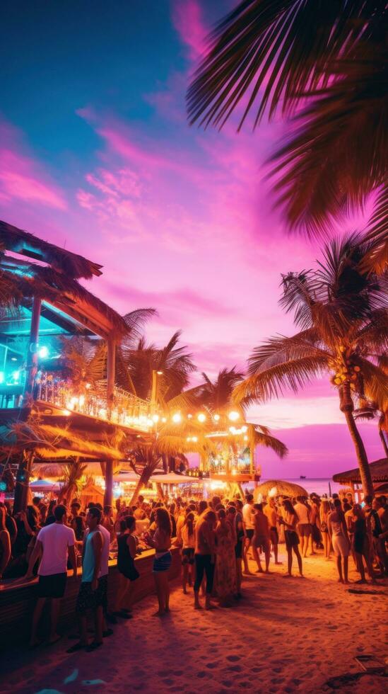 AI generated beach bar with bright lights and lively music, surrounded by palm trees and people enjoying the party. photo