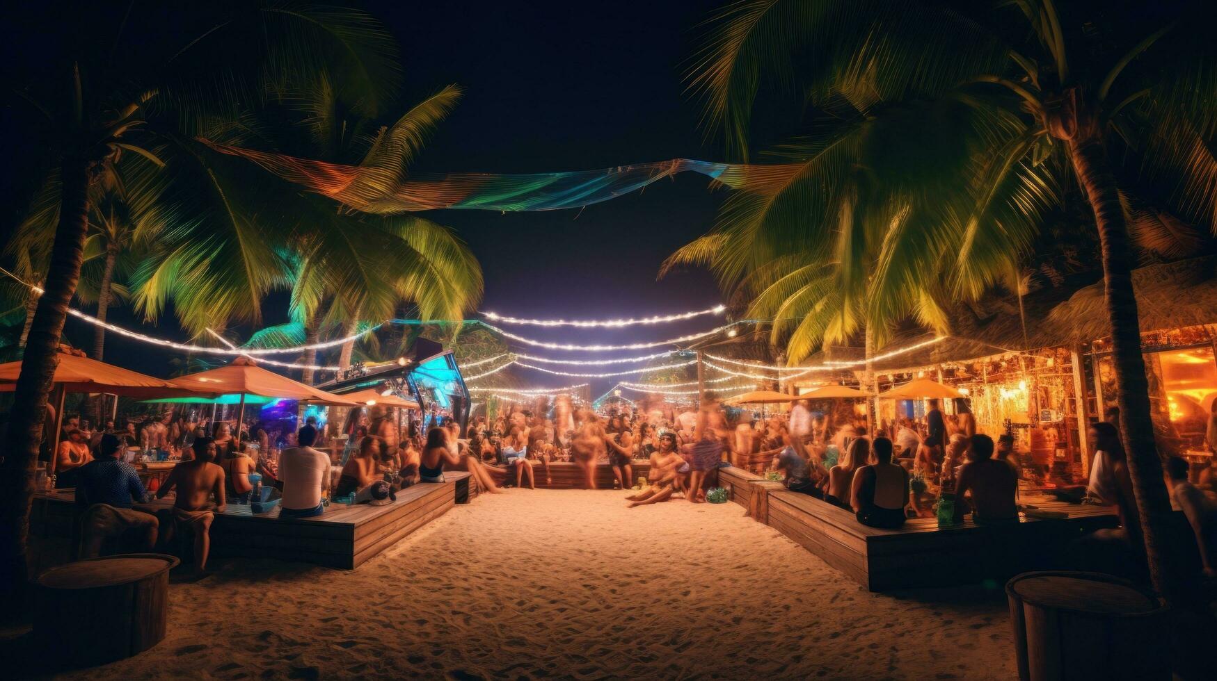 AI generated beach bar with bright lights and lively music, surrounded by palm trees and people enjoying the party. photo