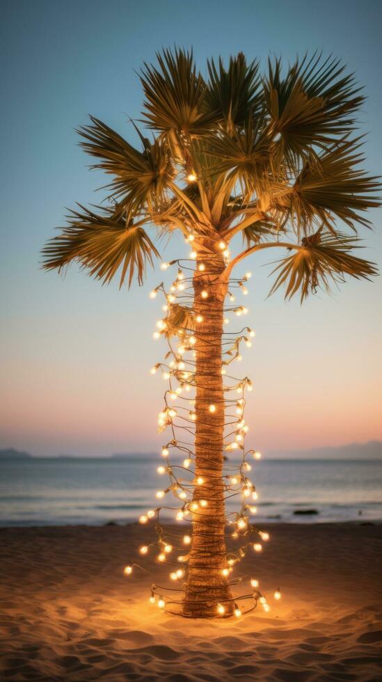 AI generated A palm tree on a beach, surrounded by a string of light bulb garlands photo