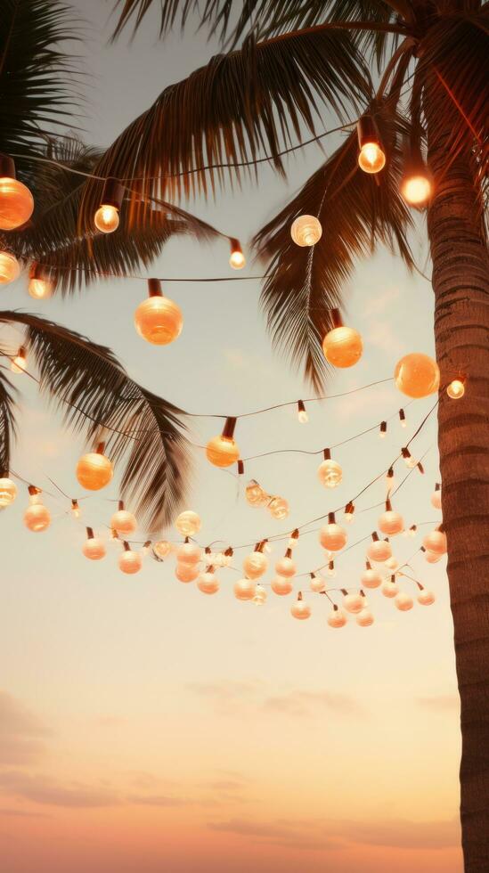 ai generado playa fiesta con palma arboles y ligero bulbo guirnaldas foto