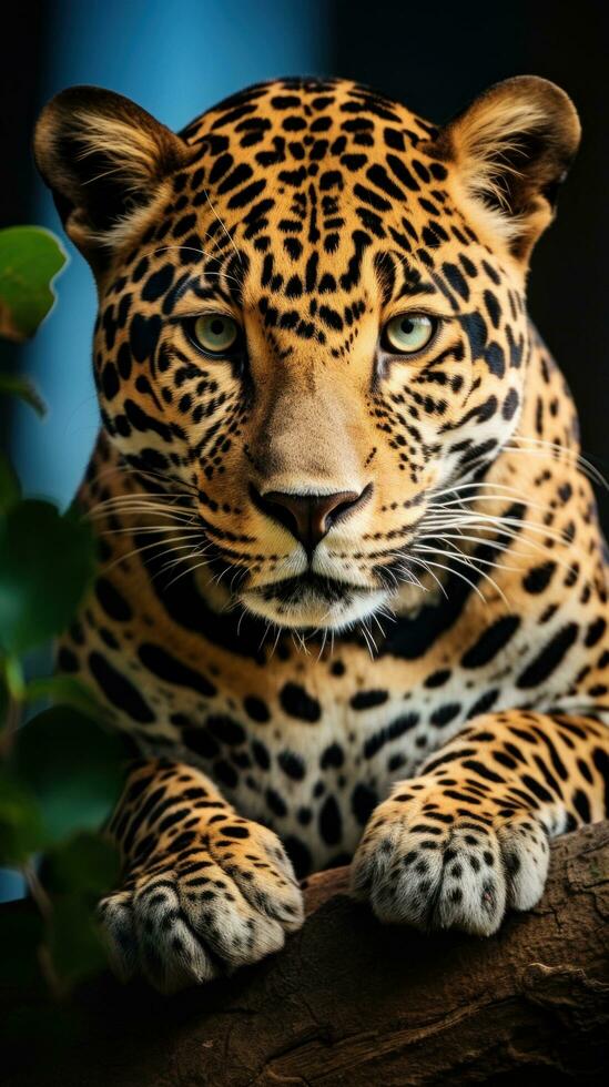AI generated A majestic jaguar perched on a tree branch, staring into the distance with its piercing green eyes photo