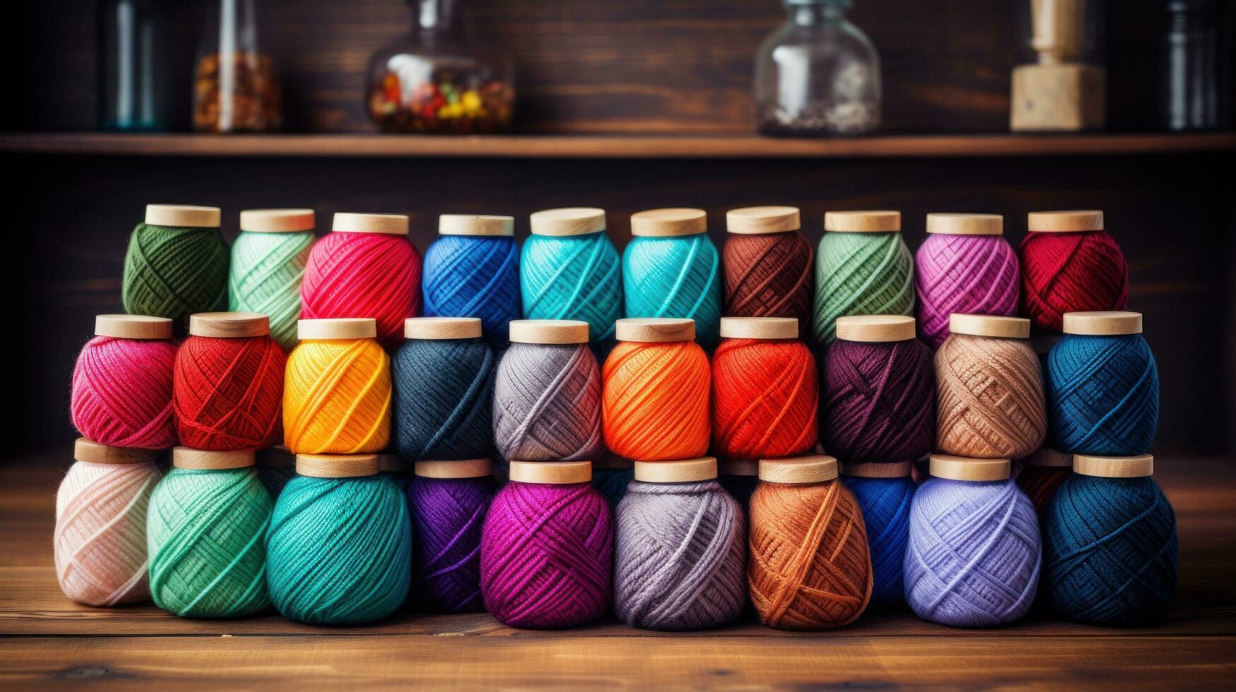 AI generated A knitter's workspace with a variety of colorful yarns and knitting needles on a wooden desk. photo