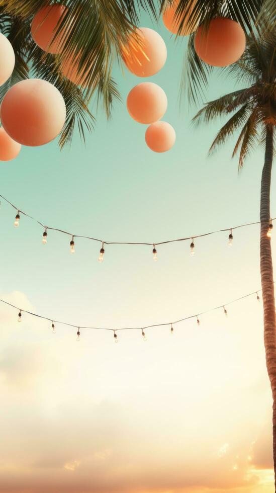 AI generated beach party with palm trees and light bulb garlands. photo