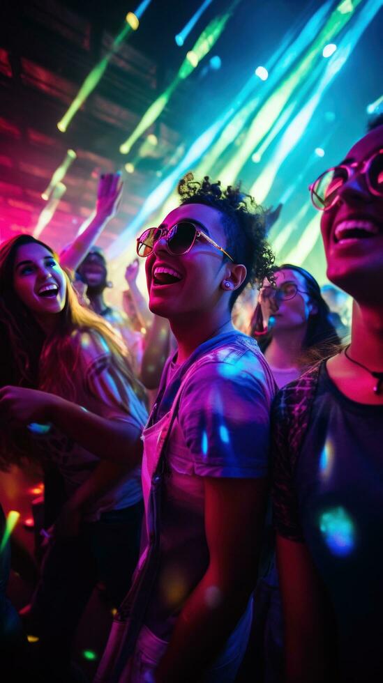 AI generated A group of young people dancing and laughing together in a packed nightclub photo