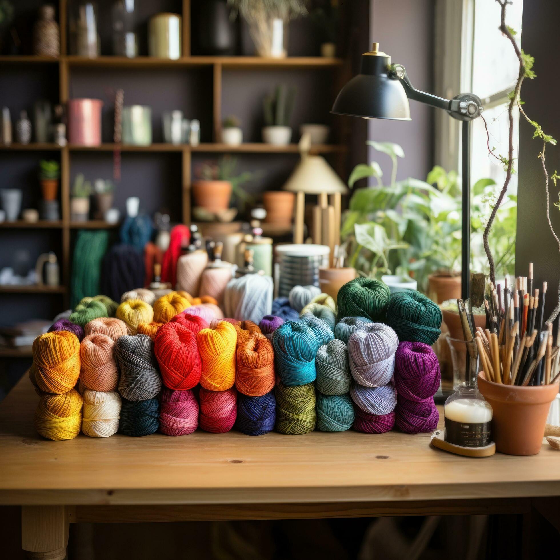 AI generated A knitter's workspace with a variety of colorful yarns and