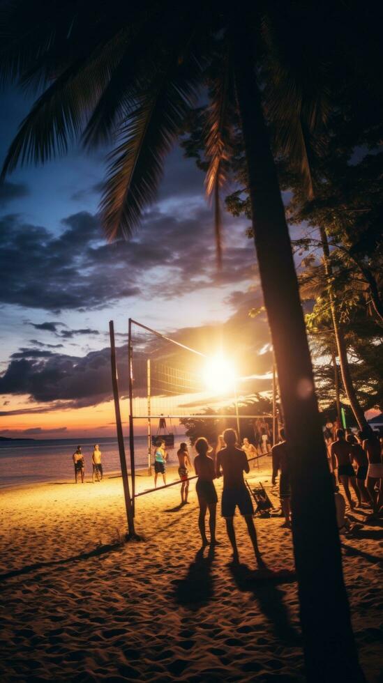 AI generated A group of people playing beach volleyball under the lights, with the sound of the waves. photo