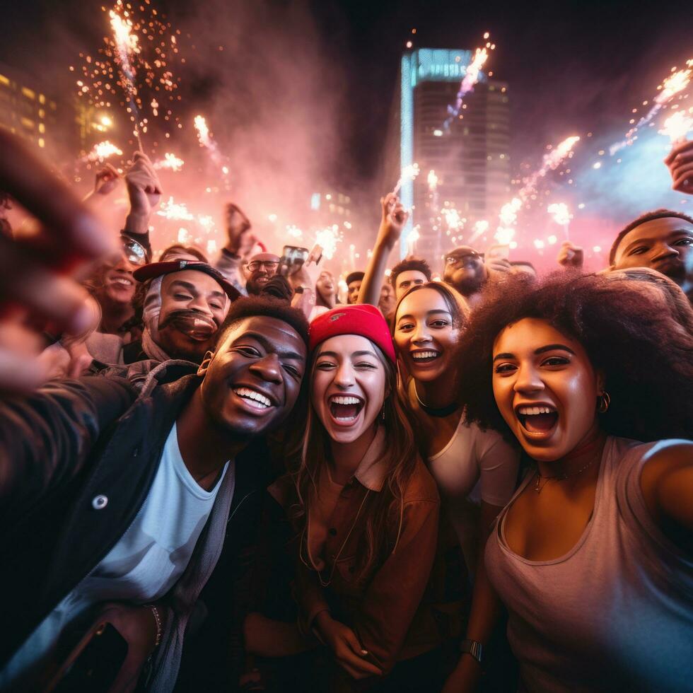 ai generado un grupo de personas en de moda trajes posando para un selfie con el DJ en el fondo, foto