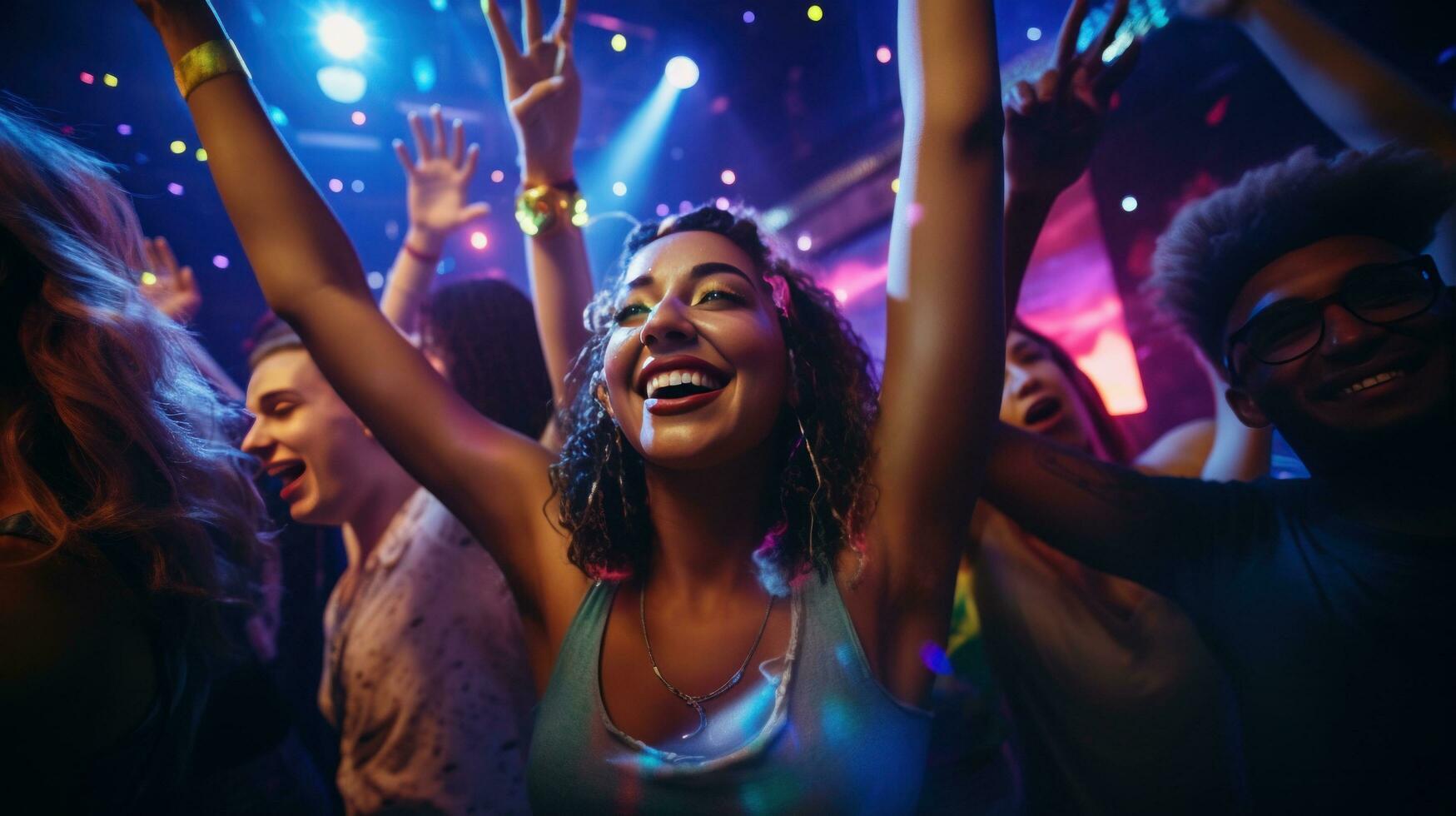 AI generated A group of friends dancing together under colorful lights and a disco ball in a crowded nightclub photo