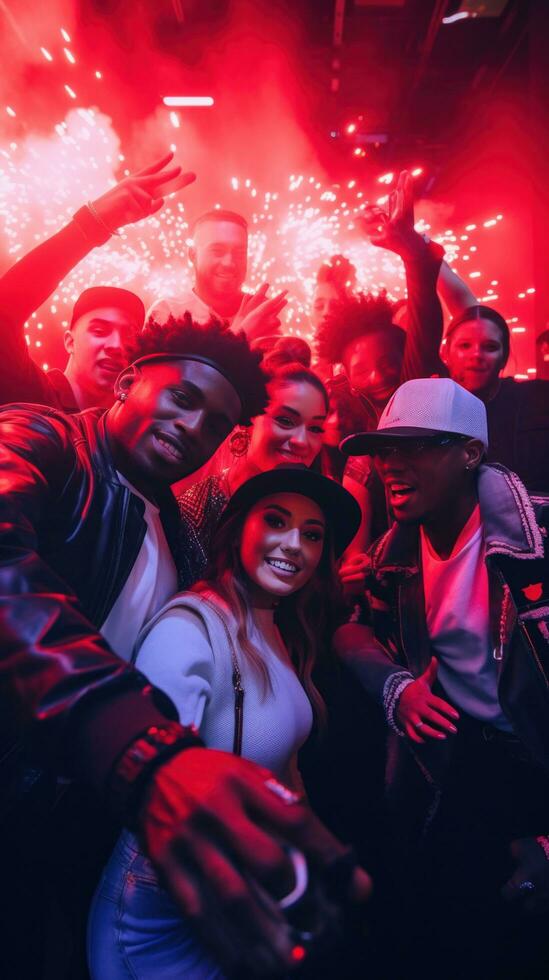 AI generated A group of people in trendy outfits posing for a selfie with the DJ in the background, photo