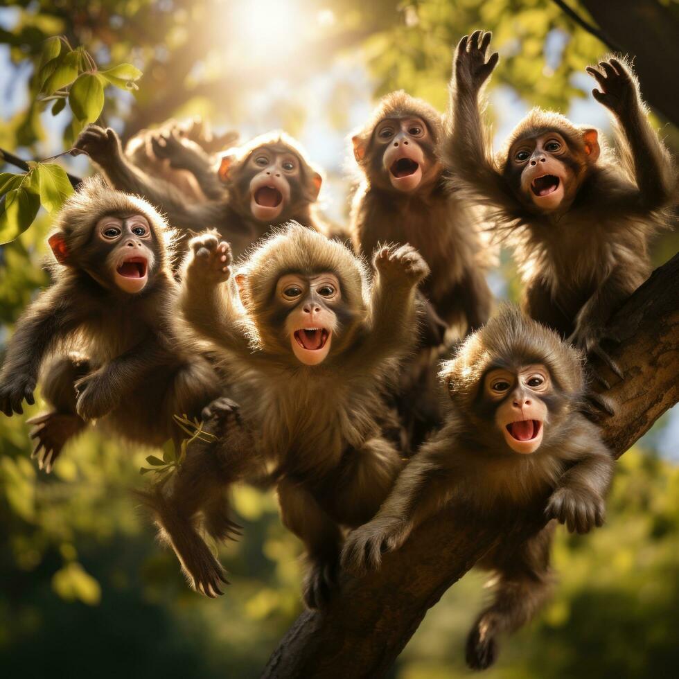 AI generated monkeys swinging from tree to tree, their furry bodies and long tails creating a lively scene photo