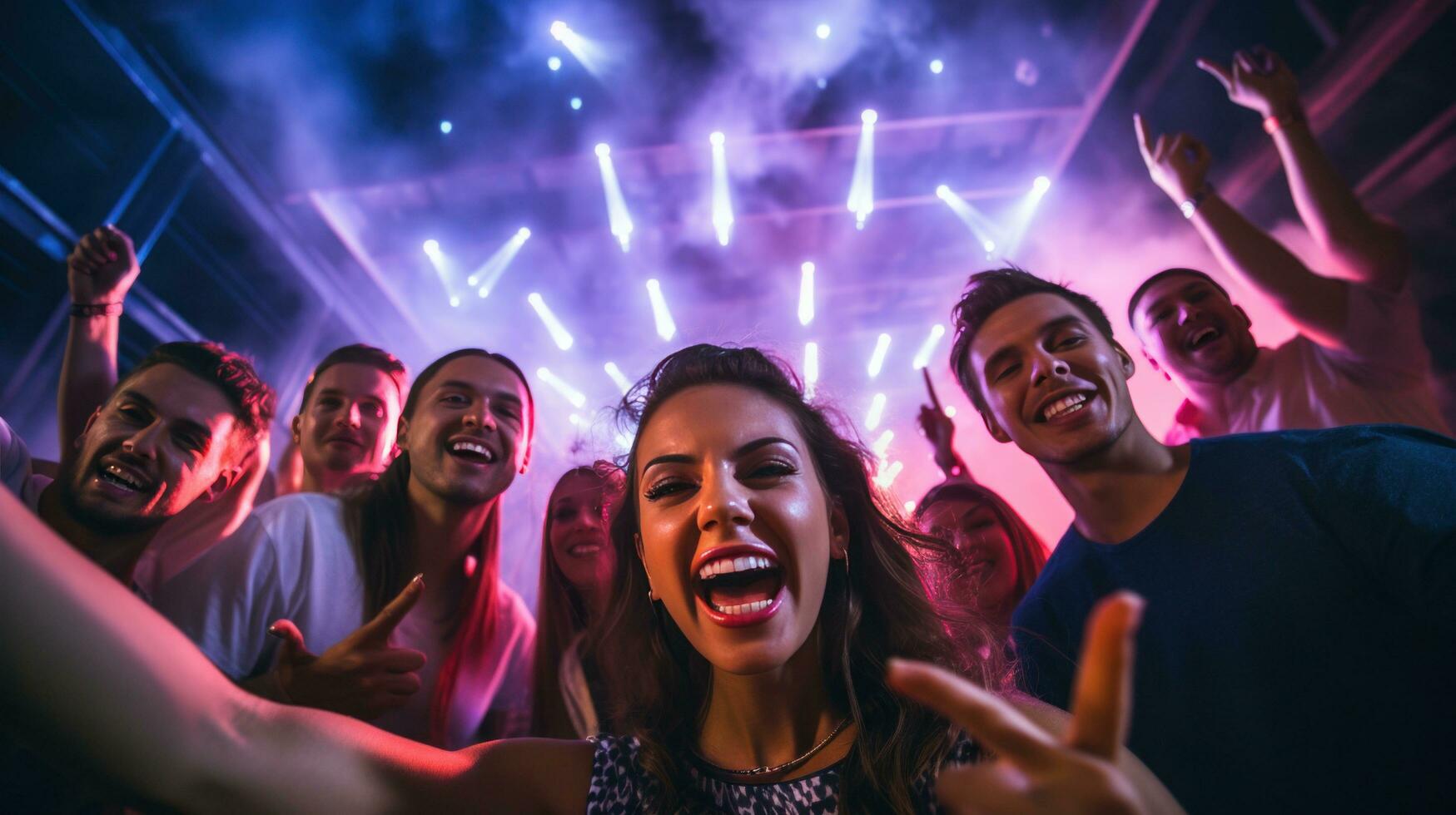 ai generado un grupo de personas en de moda trajes posando para un selfie con el DJ en el fondo, foto